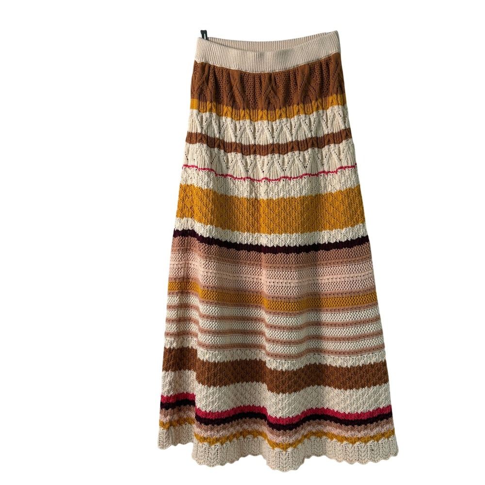 Ba&sh Lady Maxi Skirt Womens S Brown Gold Cream Crochet Knit Striped Cotton